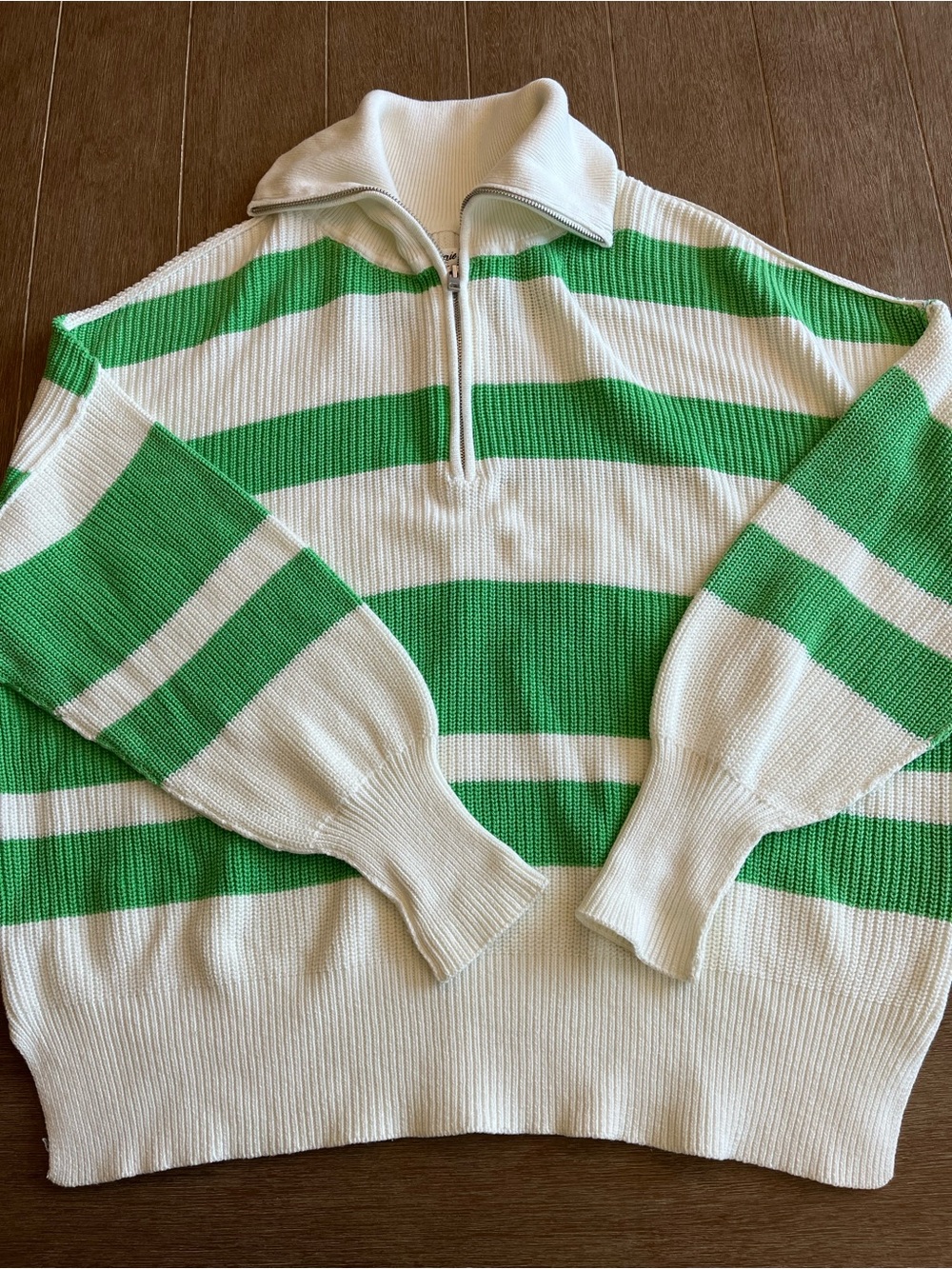 aerie White and Green Striped Quarter-Zip Sweater